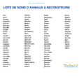 Liste nom animaux