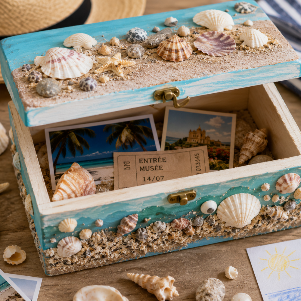 Boîte à trésors décorée de coquillages pour ranger les souvenirs de vacances