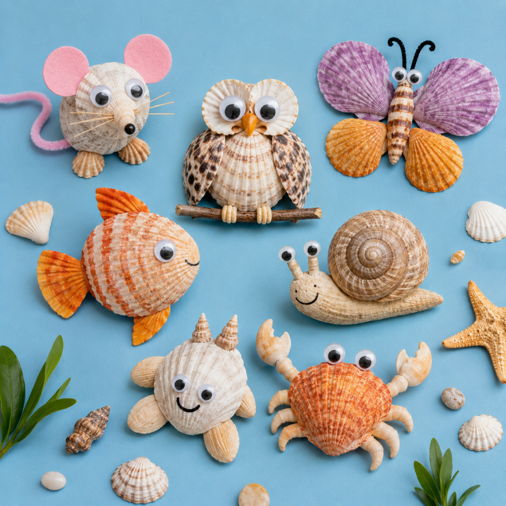 Petits personnages fabriqués en assemblant des coquillages