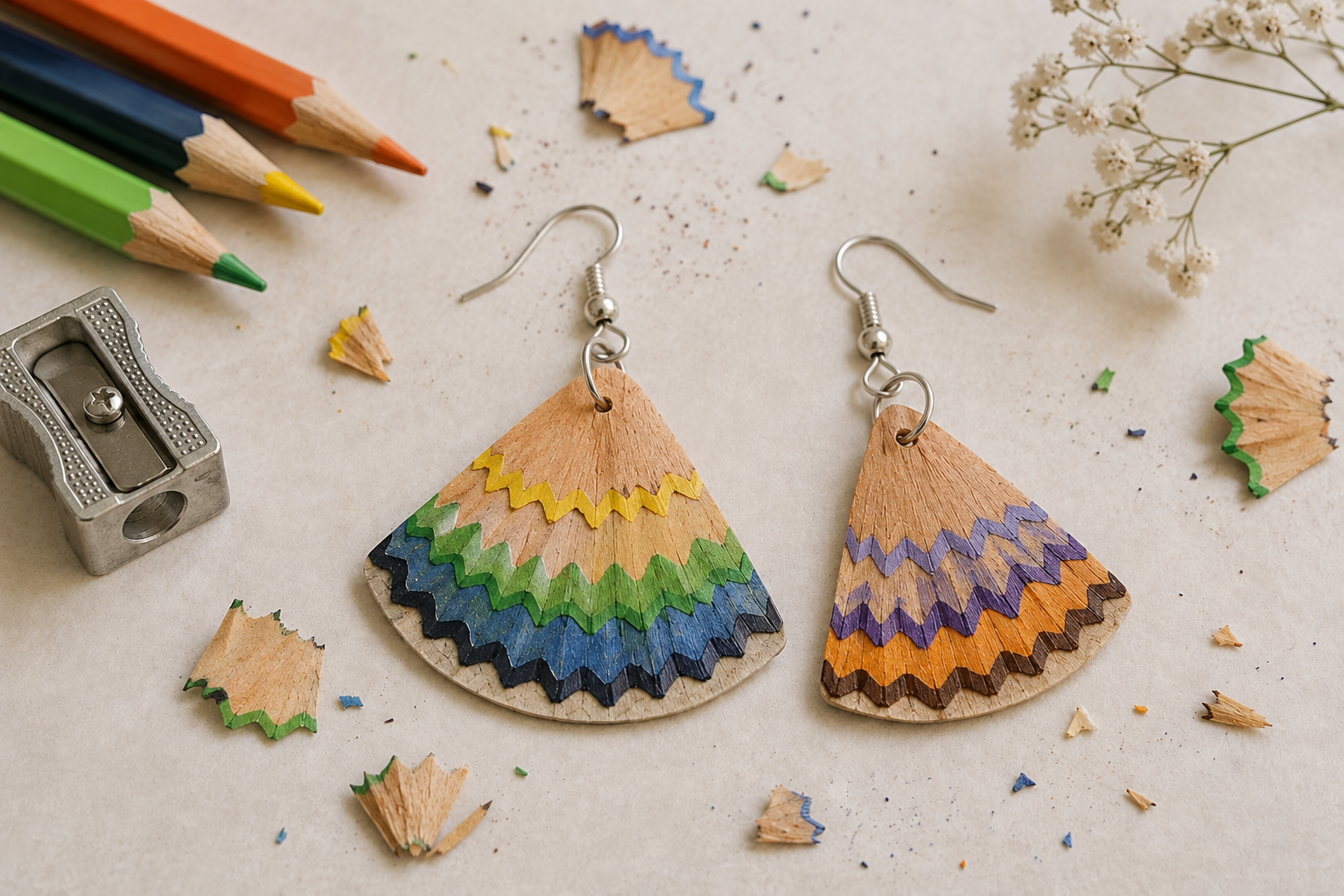 Deux boucles d'oreilles en forme d'éventail réalisées avec des copeaux de crayons de couleur