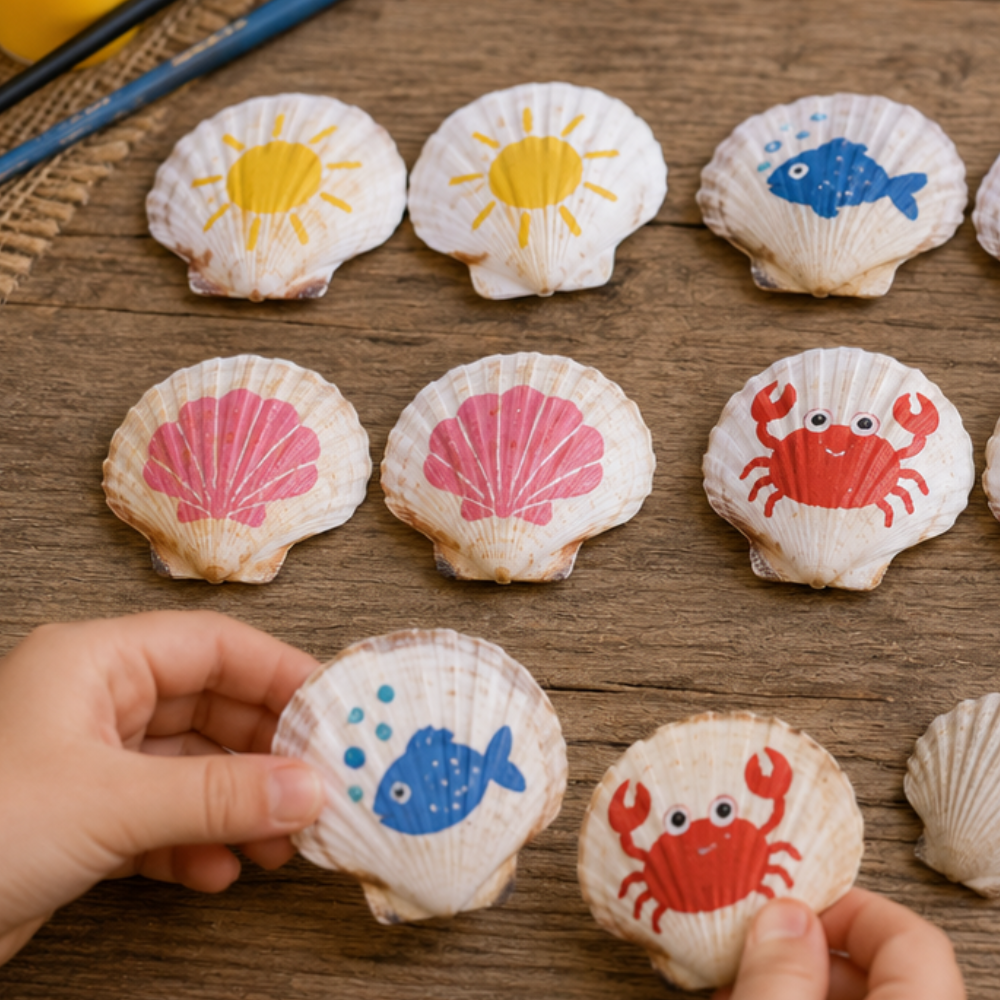 Jeu de mémoire fait maison avec des coquillages peints par paires
