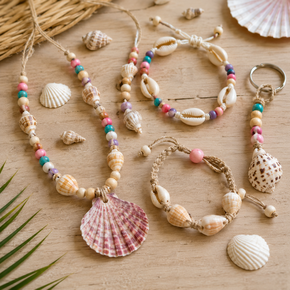Bijoux en coquillages : collier, bracelet et porte-clés avec perles en bois