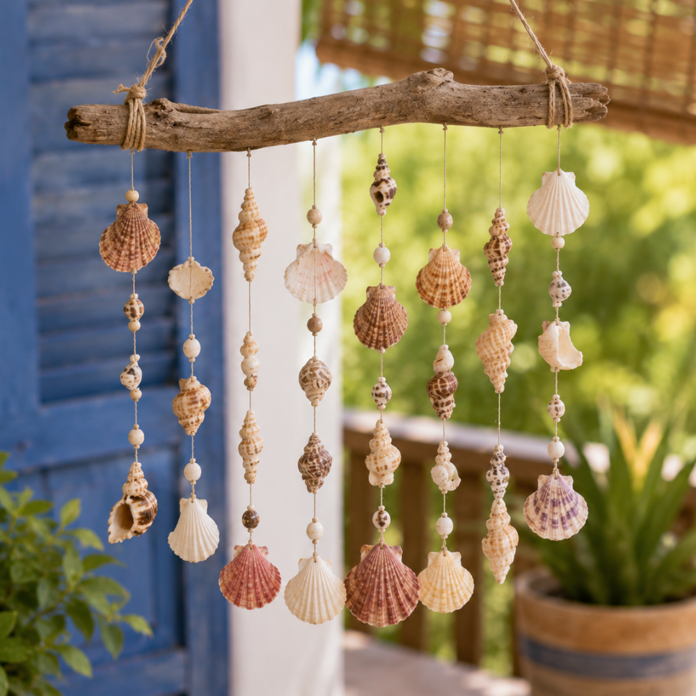 Carillon naturel de coquillages suspendus à une branche de bois flotté