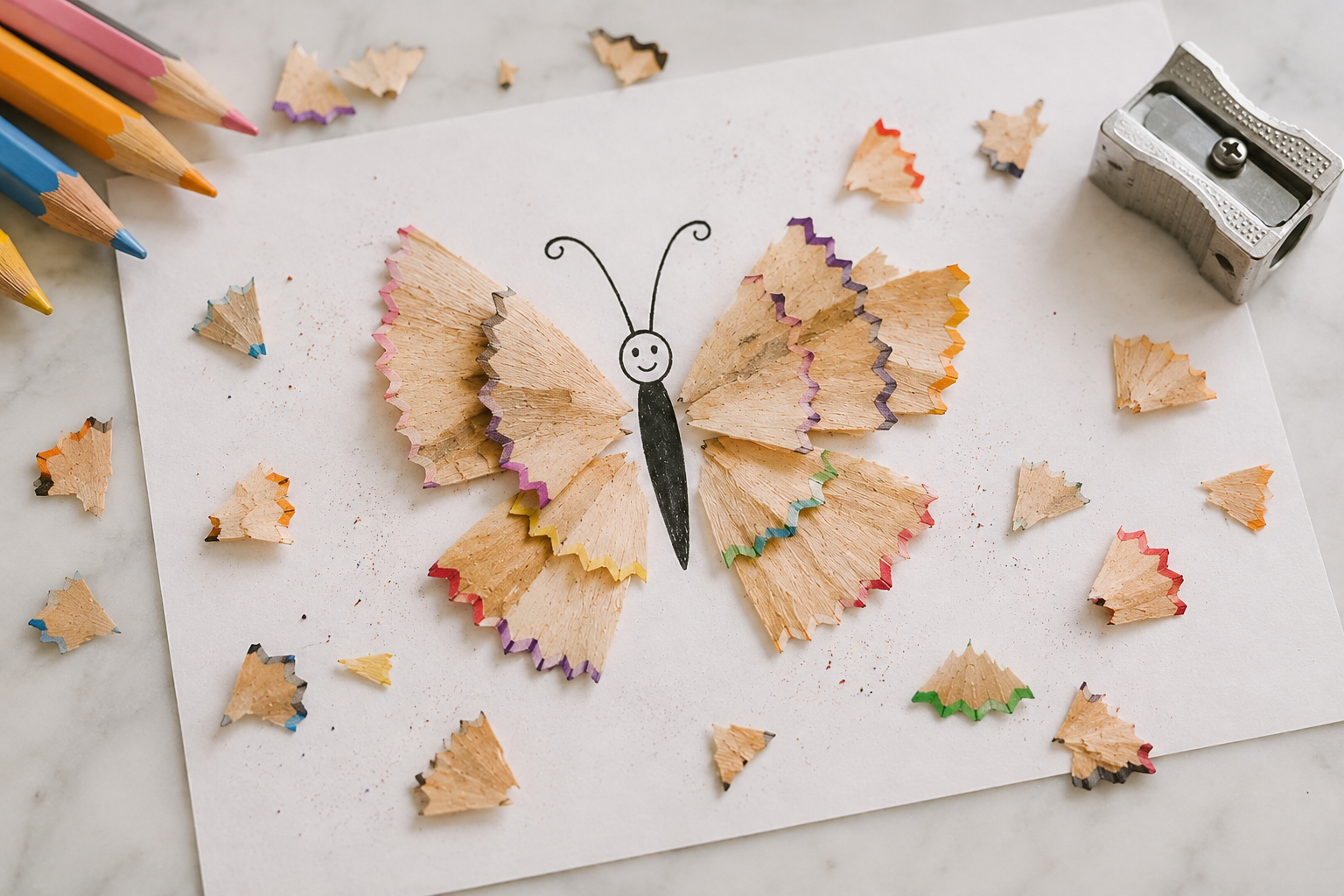 Un papillon réalisé avec des copeaux de crayons de couleur en guise d'ailes, sur une feuille blanche