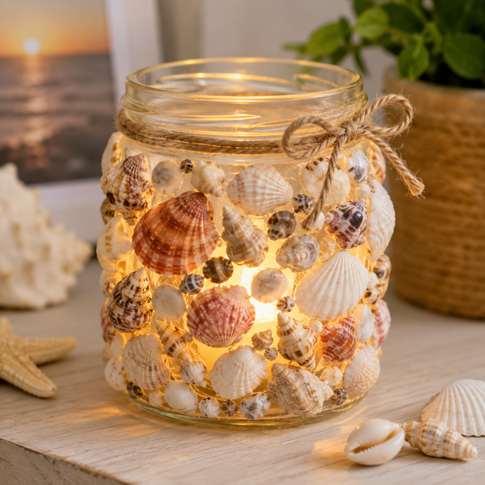 Photophore d'été : pot en verre décoré de coquillages avec une bougie LED