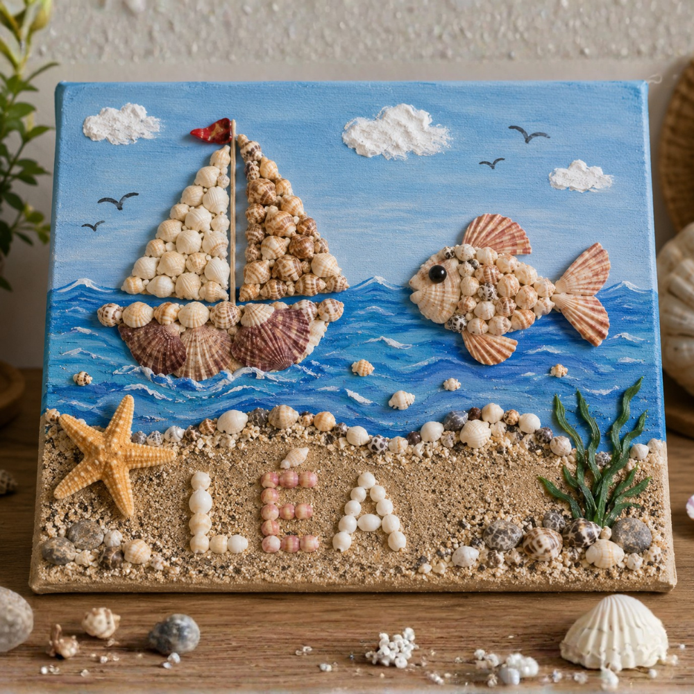 Tableau marin réalisé avec des coquillages sur une toile
