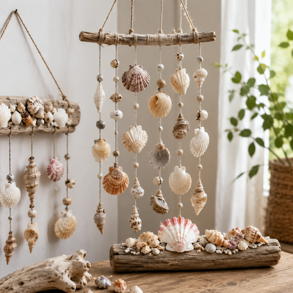 Décoration naturelle : coquillages collés sur du bois flotté et suspendus en mobile