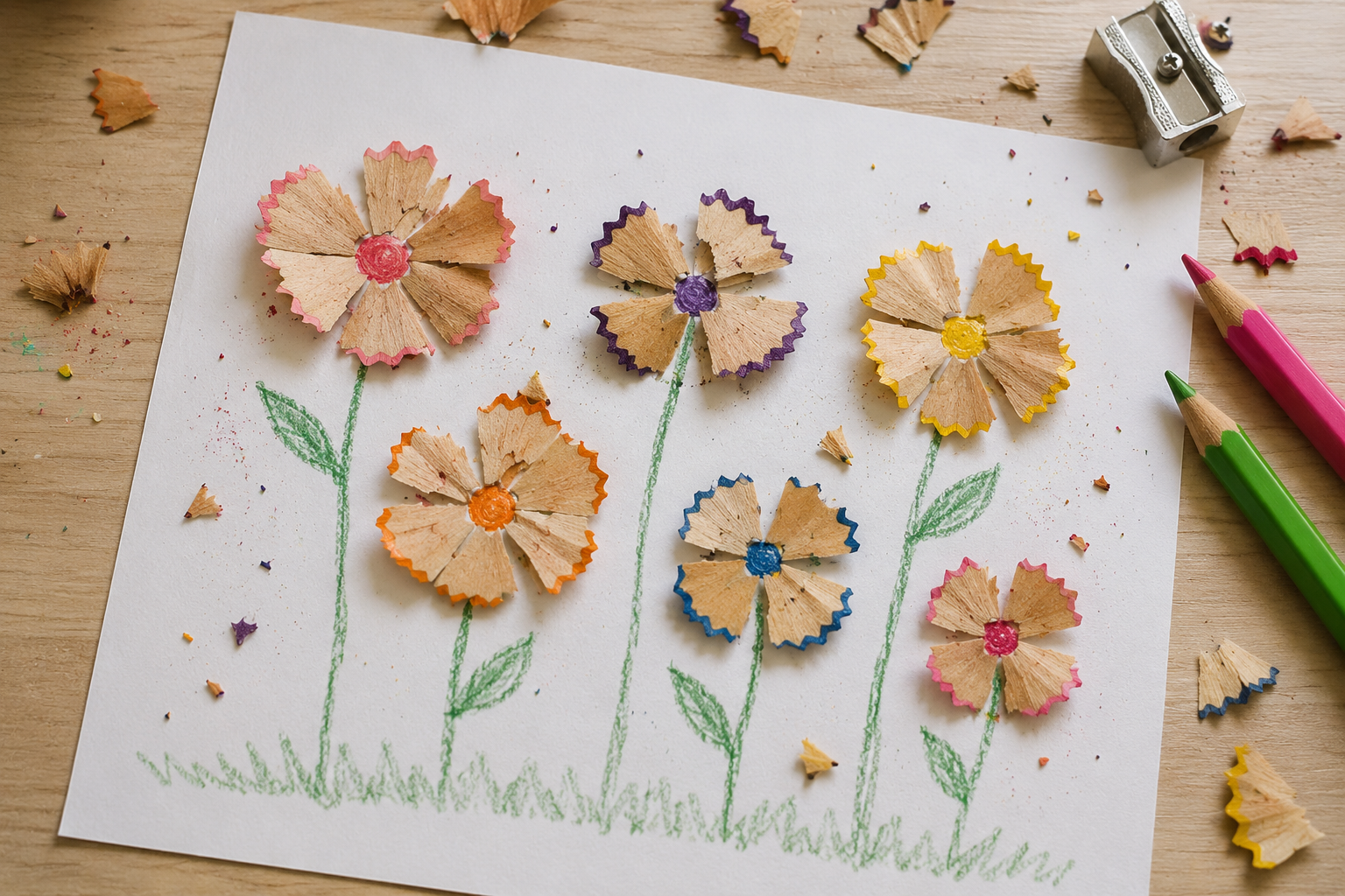 Six fleurs réalisées avec des copeaux de crayons de couleur, tiges dessinées au crayon vert
