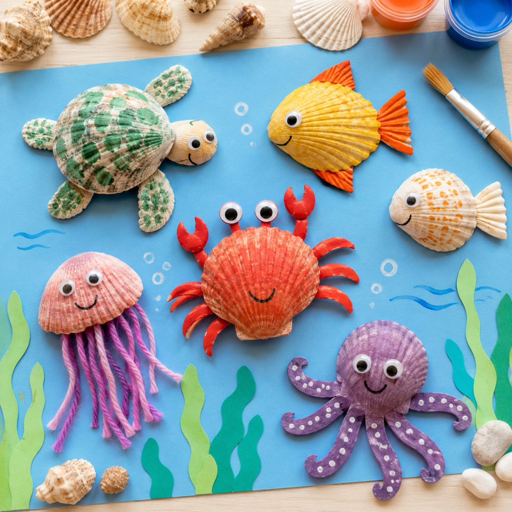 Animaux marins en coquillages : poisson, tortue et crabe décorés d'yeux mobiles