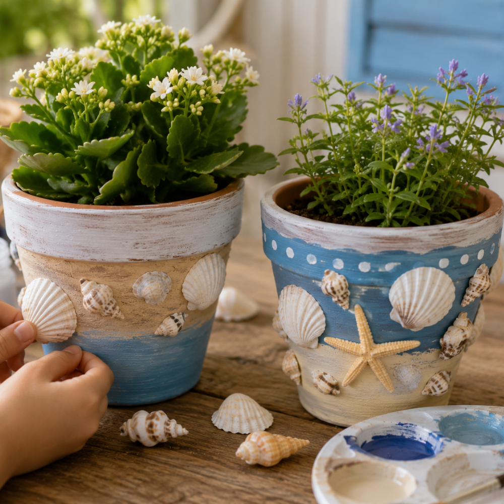 Pot de fleurs en terre cuite décoré de coquillages et de peinture aux tons marins
