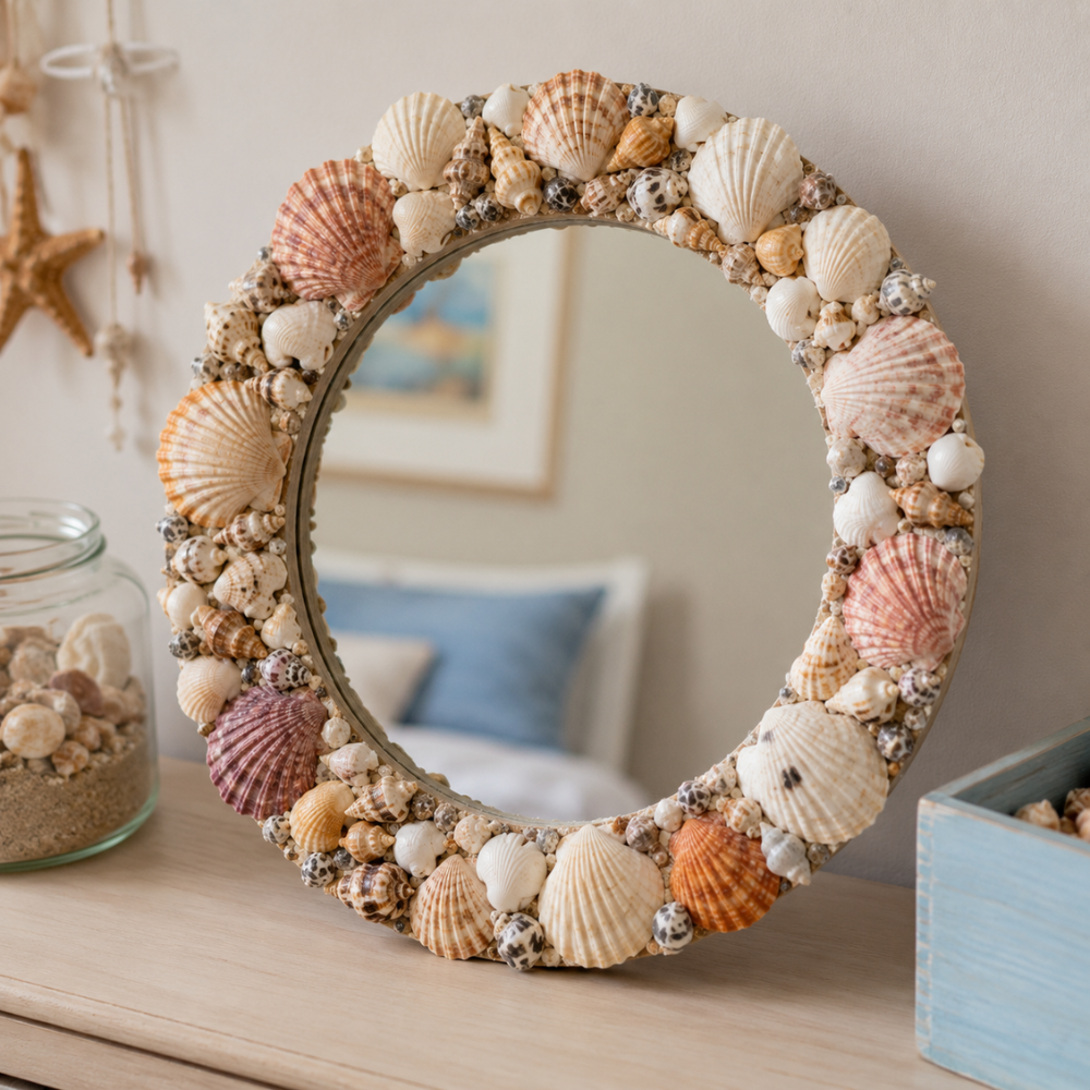Miroir rond entouré de coquillages pour une décoration esprit vacances