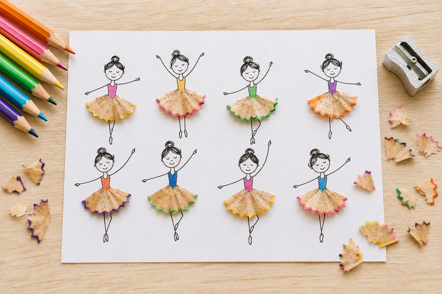 Des ballerines dessinées dont les tutus sont faits de copeaux de crayons de couleur