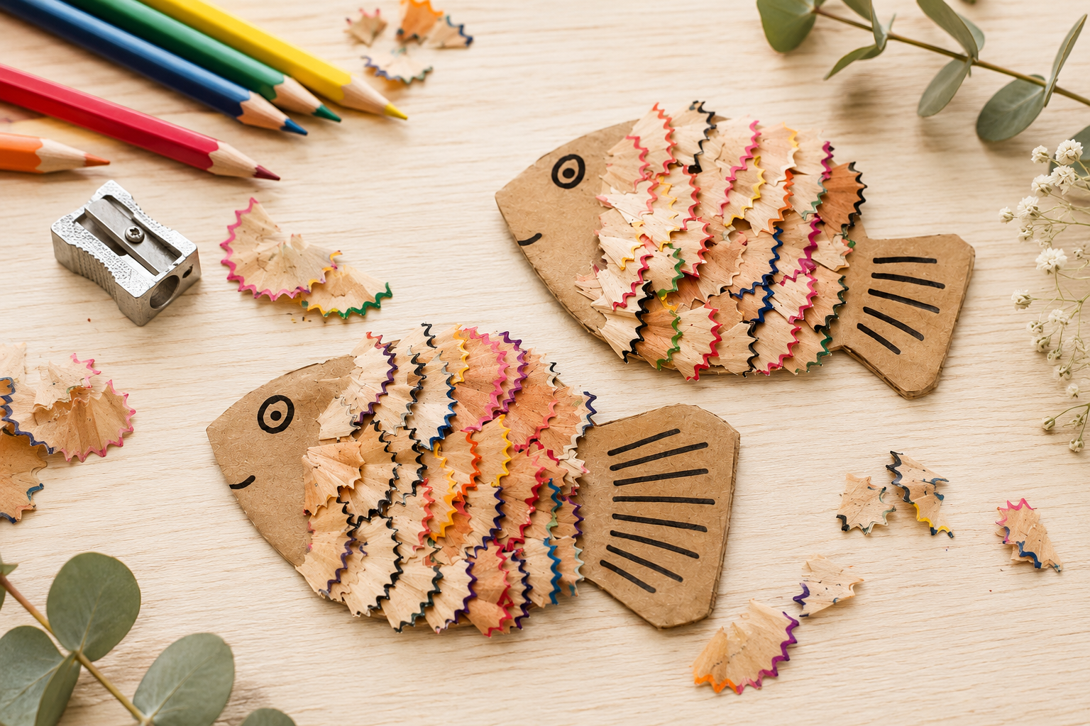 Deux poissons découpés dans du carton, leurs écailles faites de copeaux de crayons de couleur