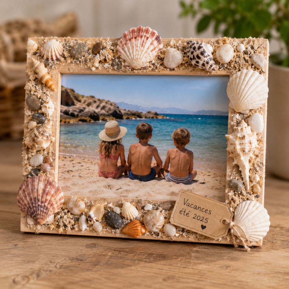 Cadre en bois décoré de coquillages et de sable en souvenir des vacances