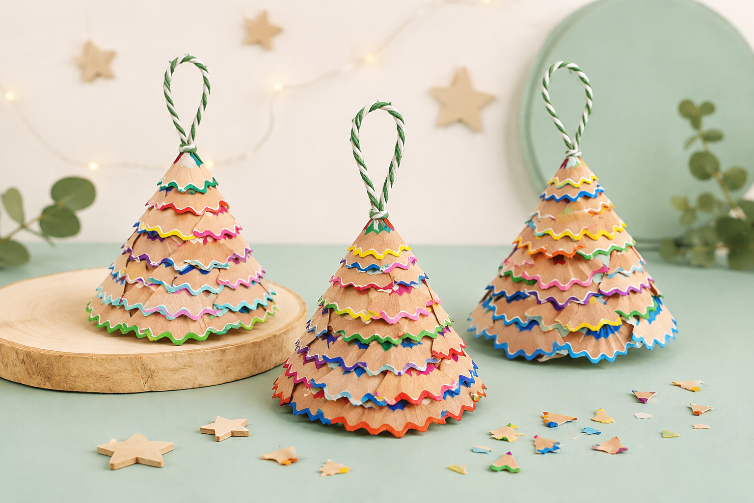 Des petits sapins à suspendre avec des crayons de couleur