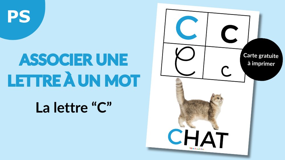 Une carte alphabet pour apprendre à associer la lettre C à un mot : C comme Chat