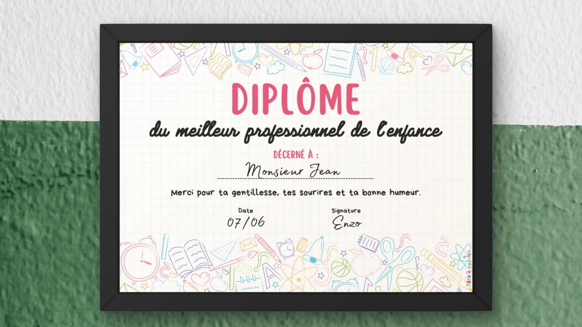 Un diplôme à imprimer pour le meilleur professionnel de l'enfance