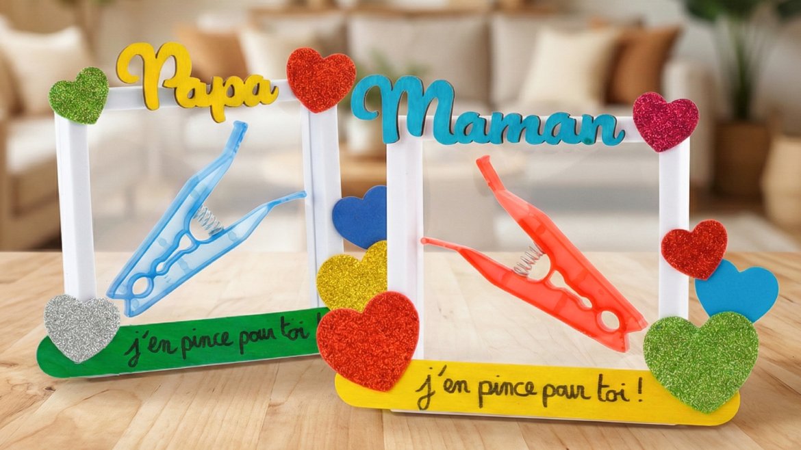 Un cadre rigolo et plein d’amour à créer avec les enfants pour la fête des parents. Découvrez notre tuto facile “J’en pince pour toi” dès 3 ans.