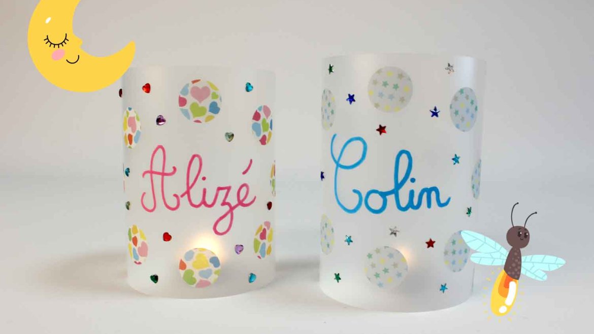 Activité de bricolage enfants pour réaliser une veilleuse personnalisée facilement à partir d'un gobelet transparent.