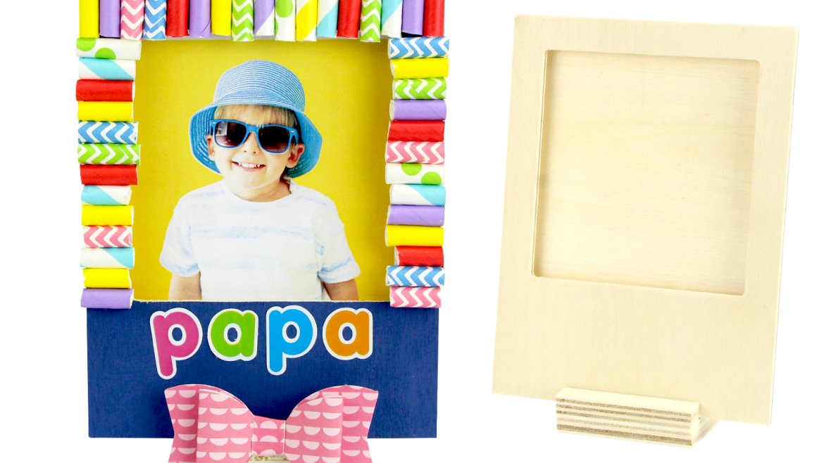 Voilà un joli cadre en bois que les enfants s'amuseront à décorer avec des pailles en carton et des gommettes afin d'offrir un joli cadeau pour la fête des pères. Au programme de