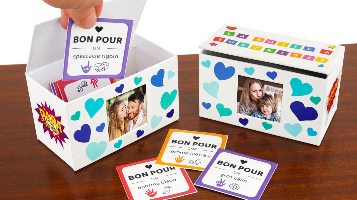 Réalisez une boîte à bons cadeaux pour la fête des parents dès 3 ans ! Une activité facile et pleine de tendresse à personnaliser avec gommettes et photo. Découvrez le tuto.