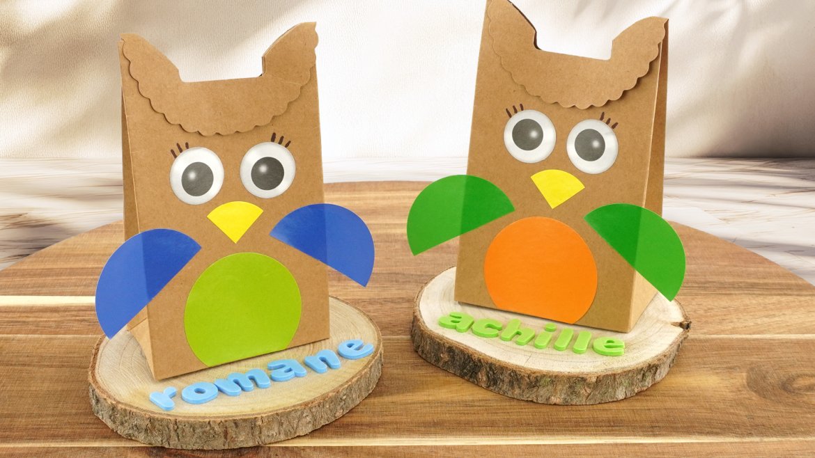 Hibou avec un sachet kraft