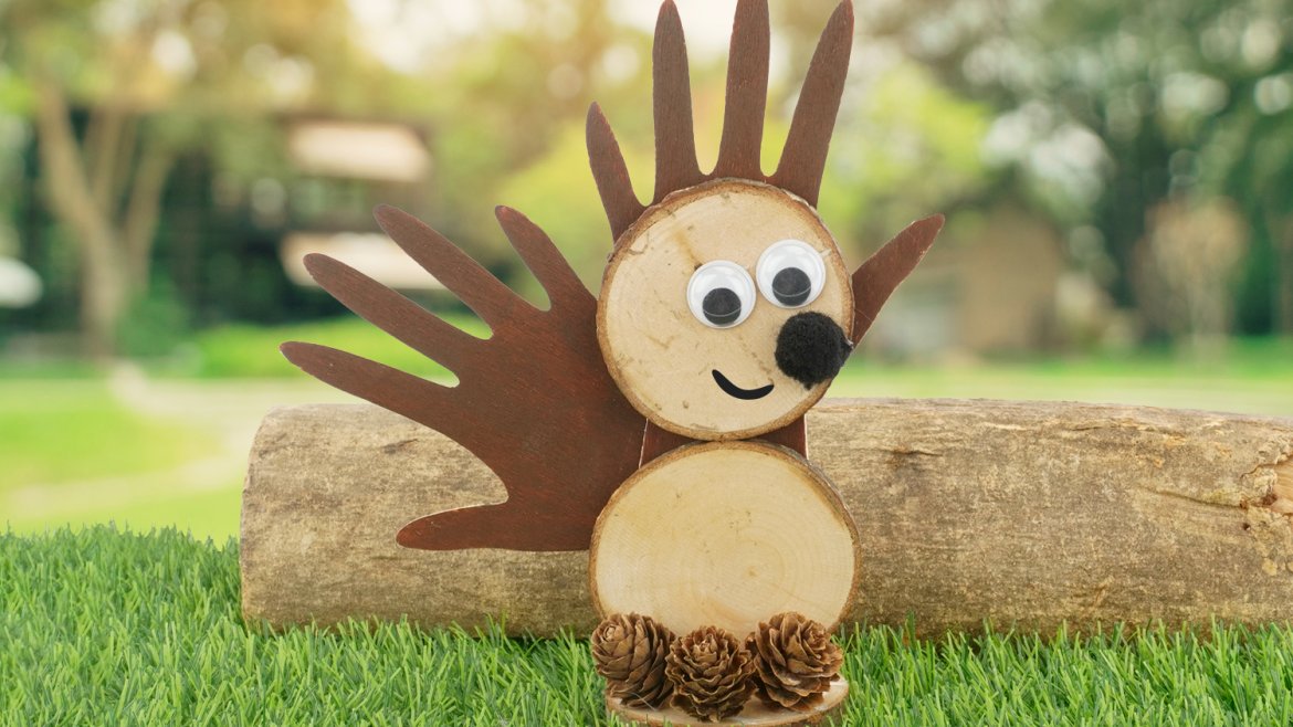 Hérisson avec des rondins de bois