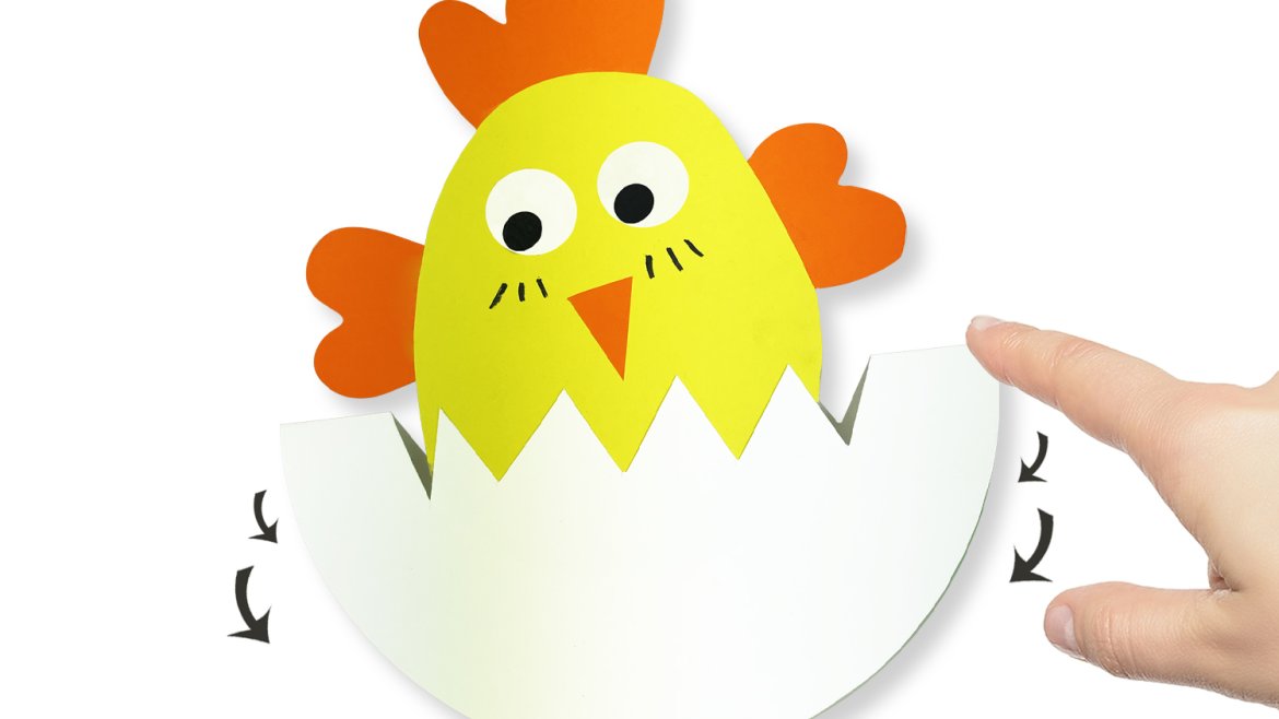 En utilisant uniquement des feuilles de papier colorées, de la colle et des ciseaux vous allez pouvoir fabriquer ce petit poussin de Pâques dans son oeuf.Appuyez avec votre doigts sur l'oeuf