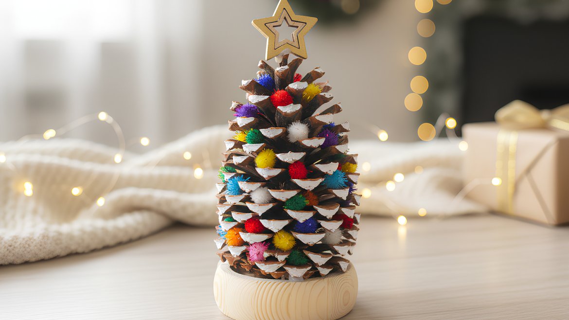 Sapin pomme de pin et pompons