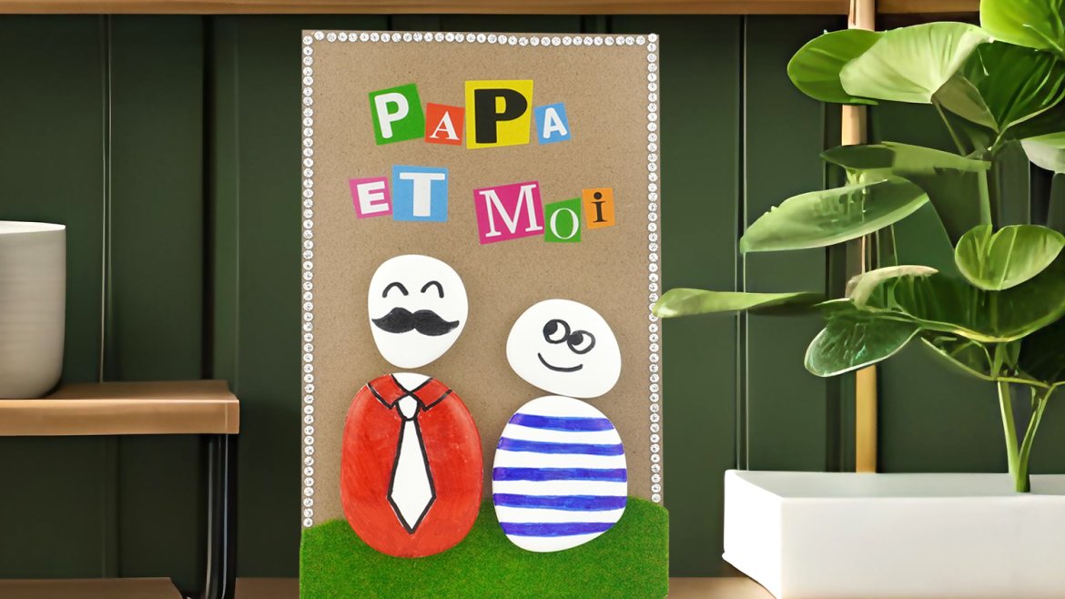 Tableau "Papa et moi" avec des galets