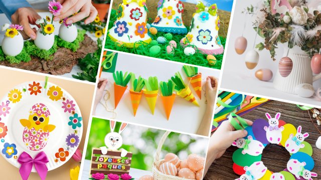 Décorations de Pâques : poussin, lapin, oeufs, corbeilles, bricolages. Les fiches expliquées en pas à pas facilitent la réalisation de ces bricolages par les petits comme les grands.