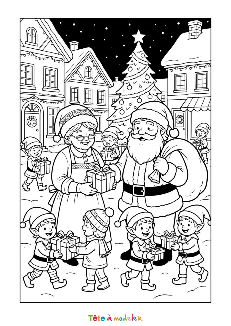 Coloriage de la Mère Noël offrant des cadeaux