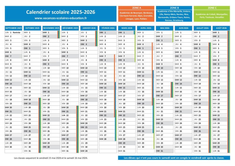 Calendrier scolaire 2024 - 2025