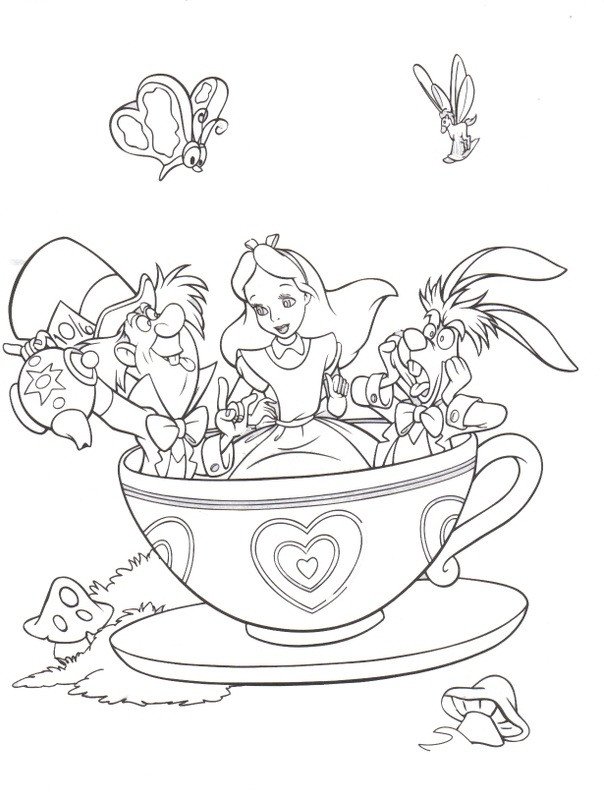 Coloriage Alice, le chapelier Toqué et le lièvre dans une tasse