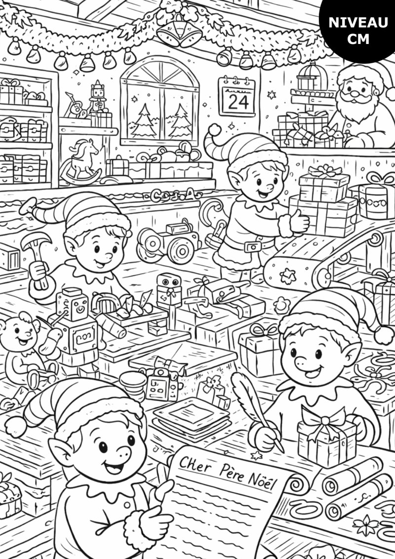 Coloriage Atelier des lutins de Noël – Fabrication de jouets