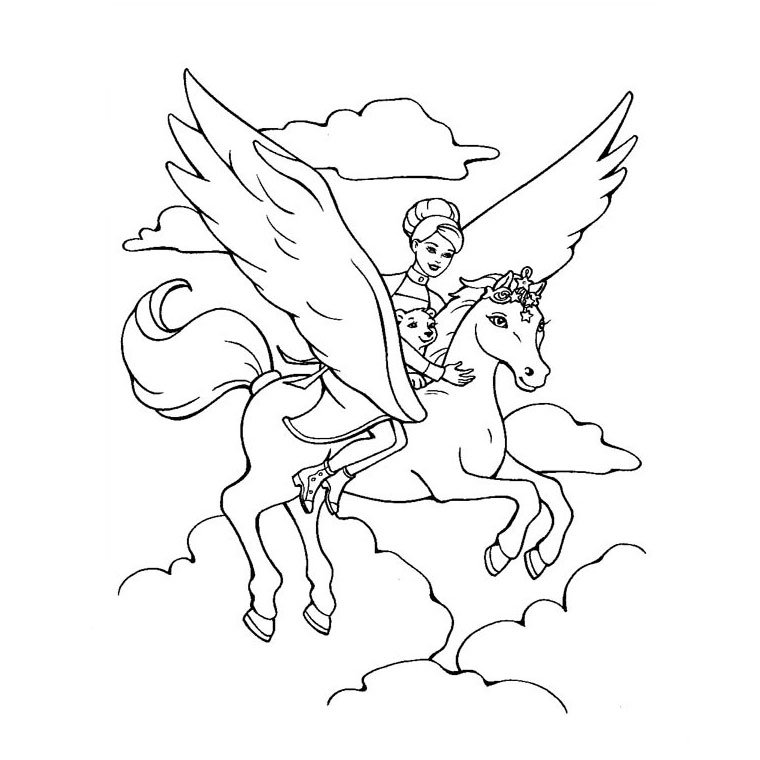 Coloriage barbie qui vole sur son cheval
