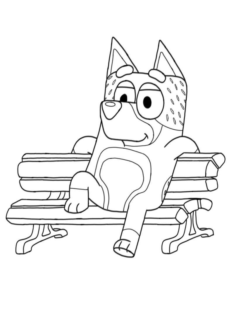Coloriage Bluey assis sur un banc