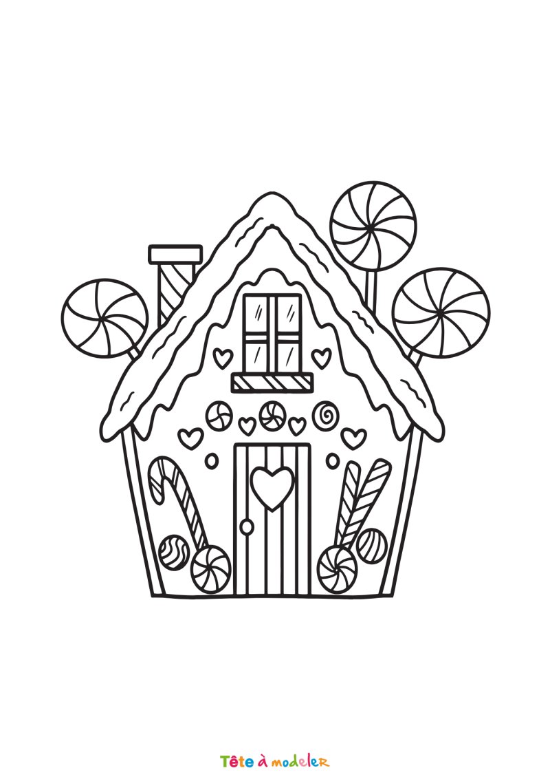 Le coloriage d'un chalet de Noël avec des bonbons à imprimer