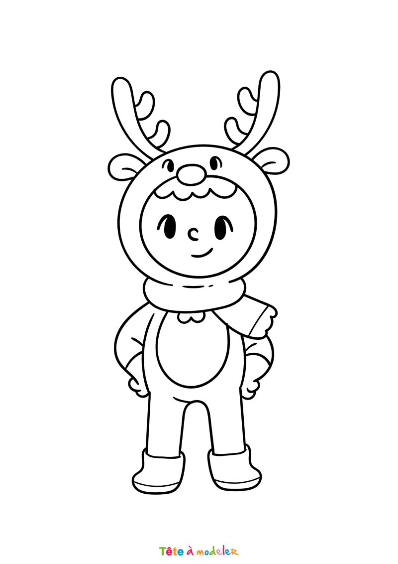 Le coloriage d'un enfant déguisé en renne de Noël à imprimer