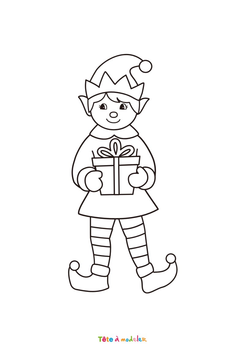 Le coloriage d'un lutin de Noël avec un cadeau à imprimer