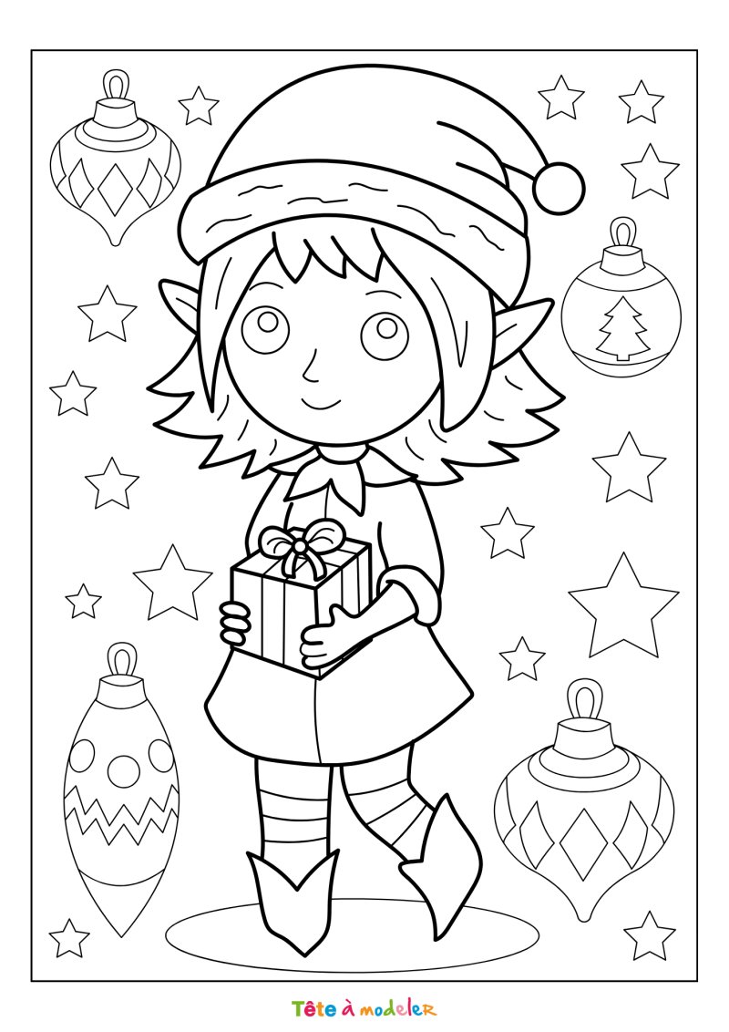 Le coloriage d'un lutin de Noël en déguisement à imprimer