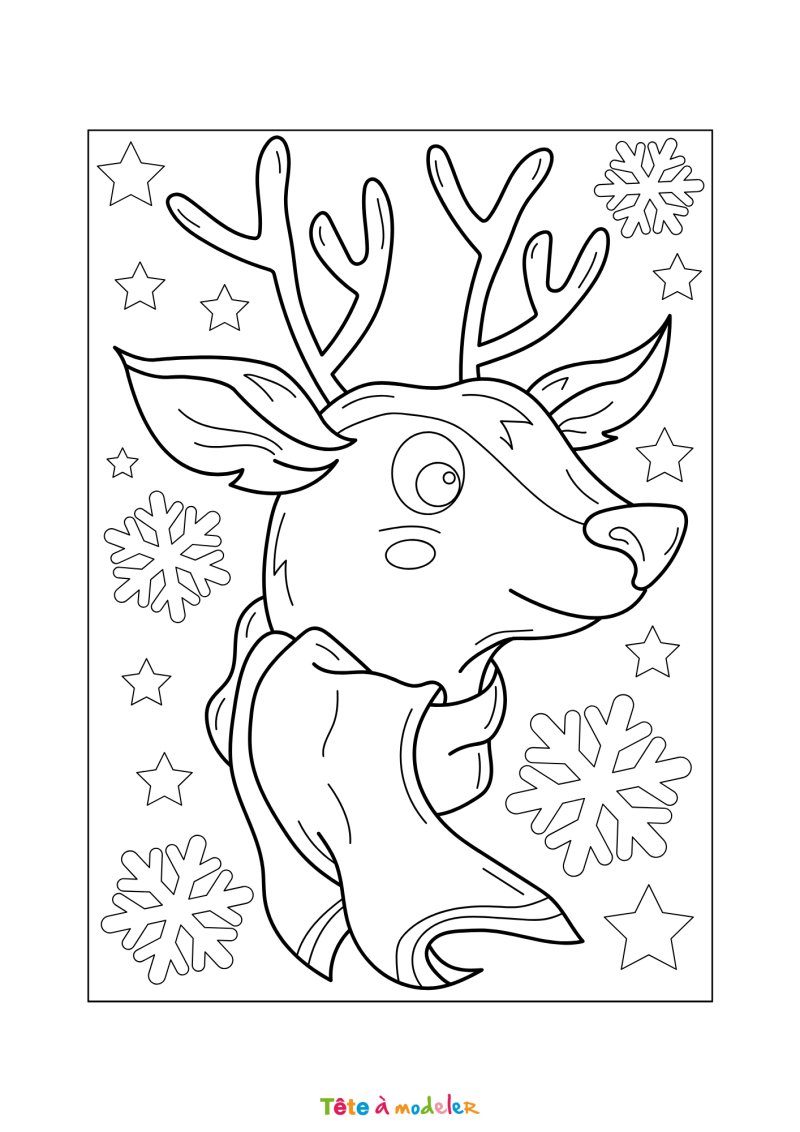 Le coloriage d'un portrait de renne de Noël à imprimer