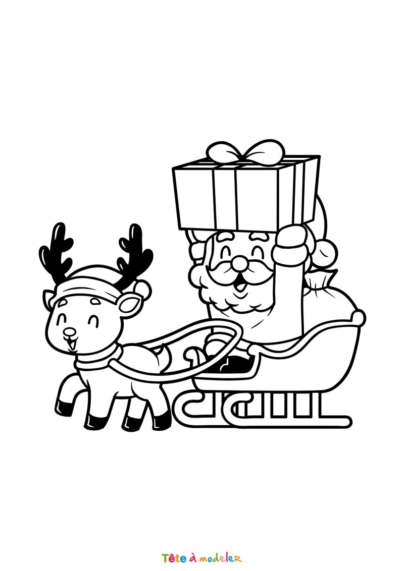 Le coloriage d'un renne avec le Père Noël à imprimer