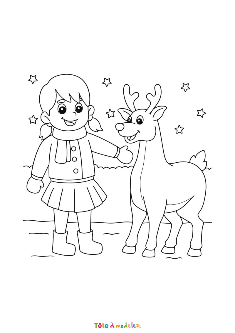 Le coloriage d'un renne de Noël avec un enfant à imprimer