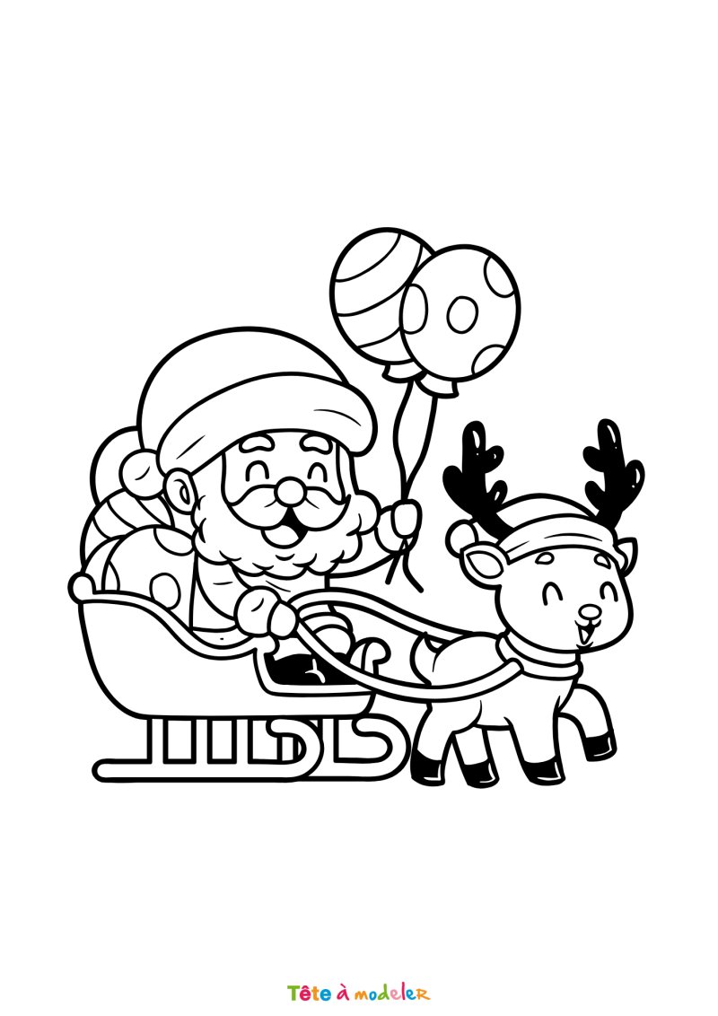 Le coloriage d'un renne de Noël avec le traîneau à imprimer