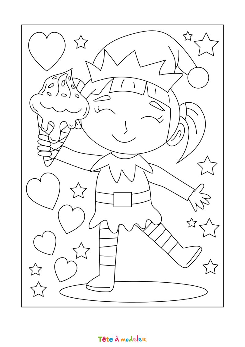 Le coloriage d'une fille en lutin du Père Noël à imprimer
