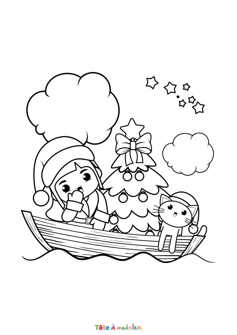 Le coloriage d'une scène de Noël kawaii à imprimer