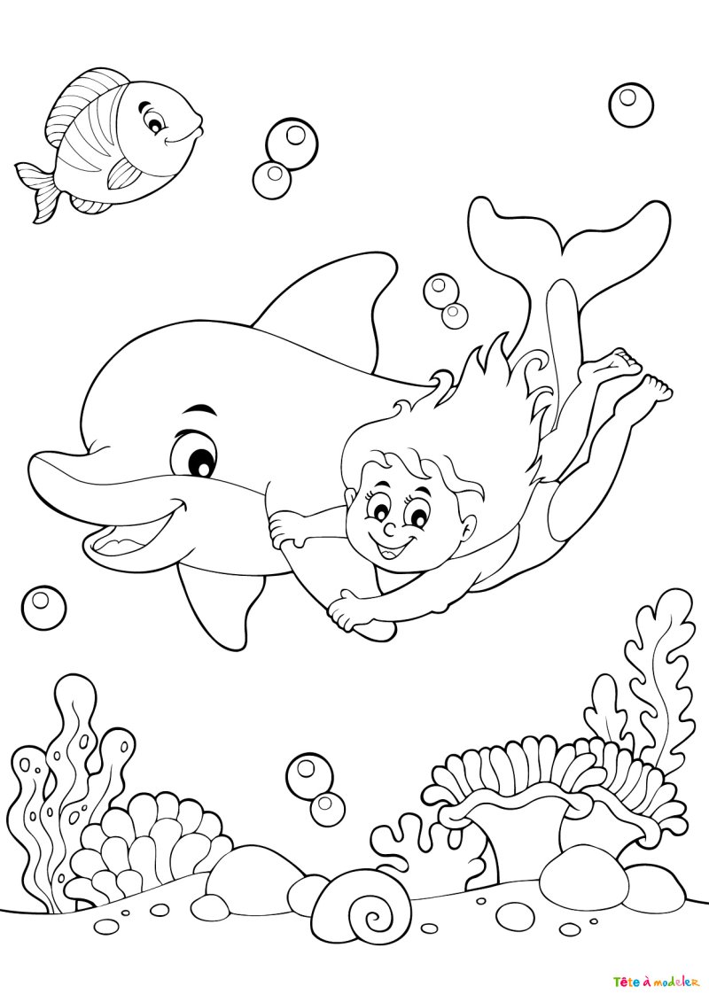 Coloriage d'un dauphin et d'un enfant