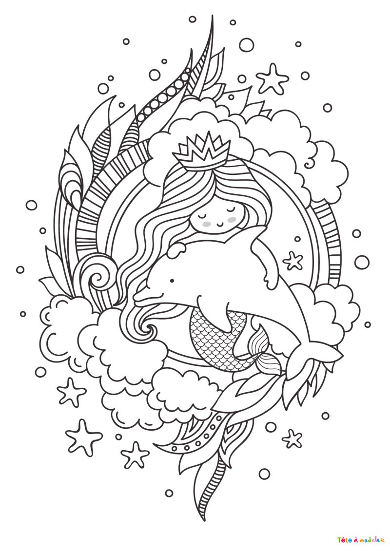 Coloriage dauphin et sirène