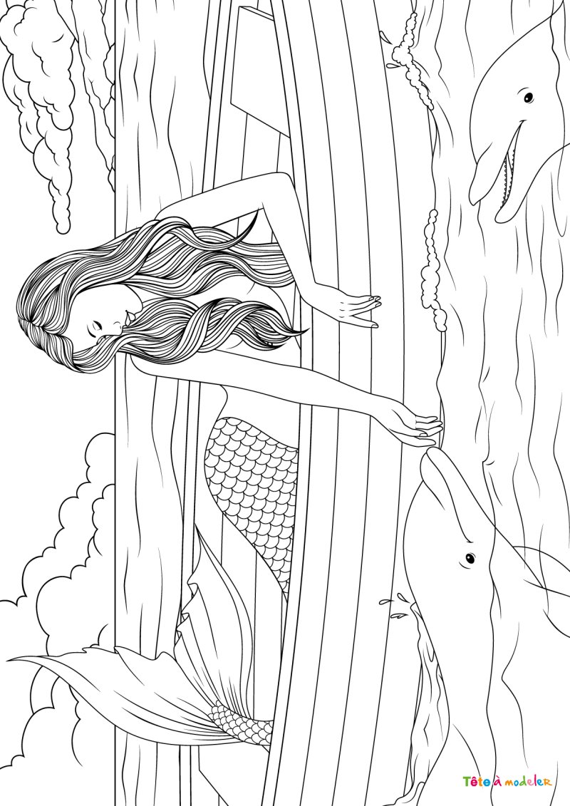 Coloriage d'une sirène avec des dauphins